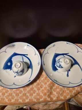 Chinese Koi 🐟 4 pcs Vint 1960s 🐟 Mid-Century Modern PORCELAIN Plates + Cups